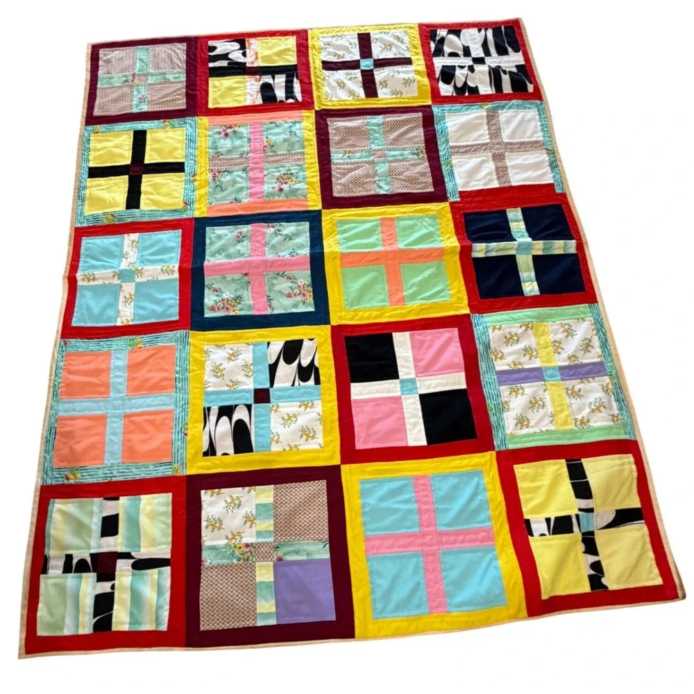 Handmade Patchwork Quilt Multi Color Block Floral Geometric Folk Art APROX 88x72